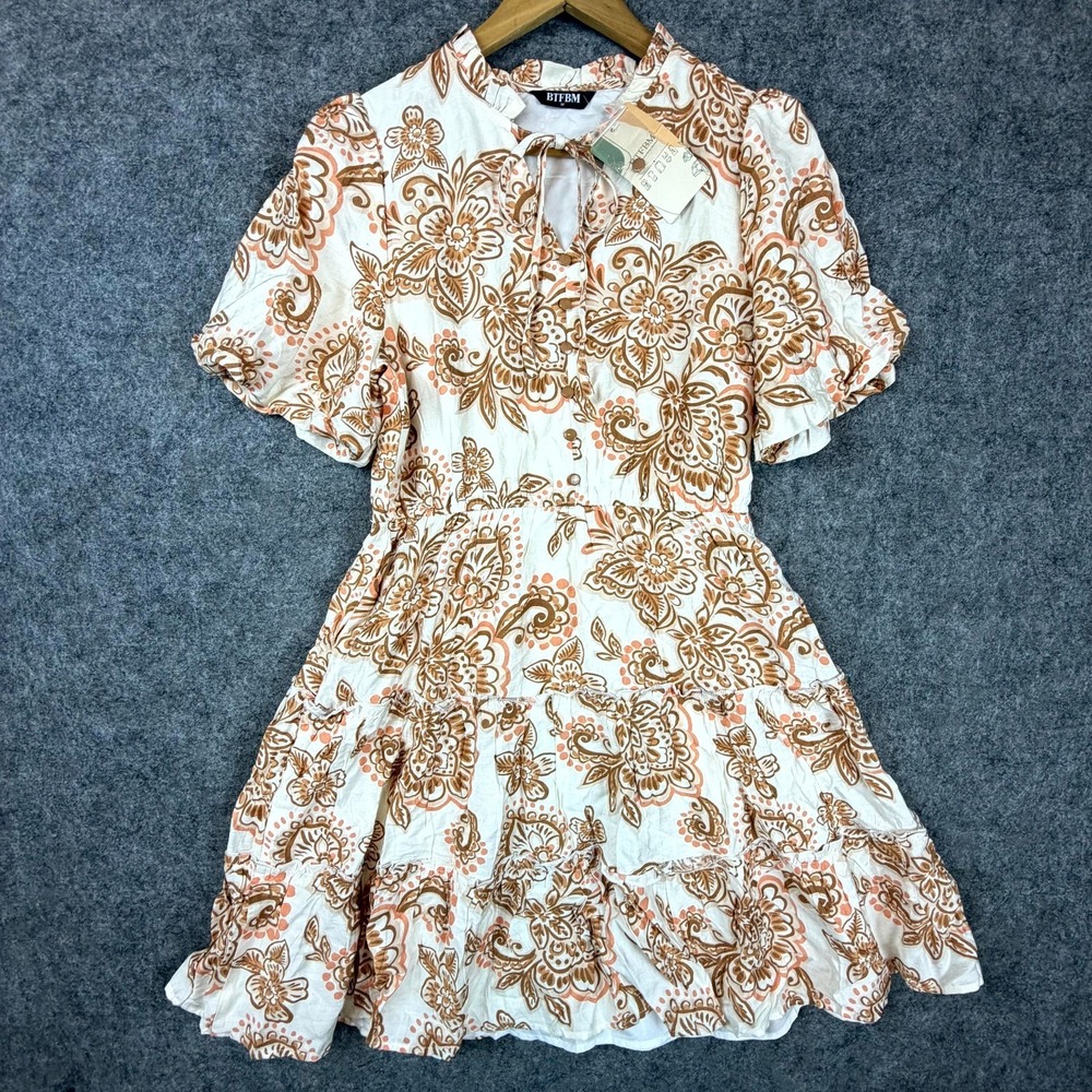 BTFBM Mini Dress Womens Medium Floral Coquette Rich Luxe‎ Beach Summer Neck Tie